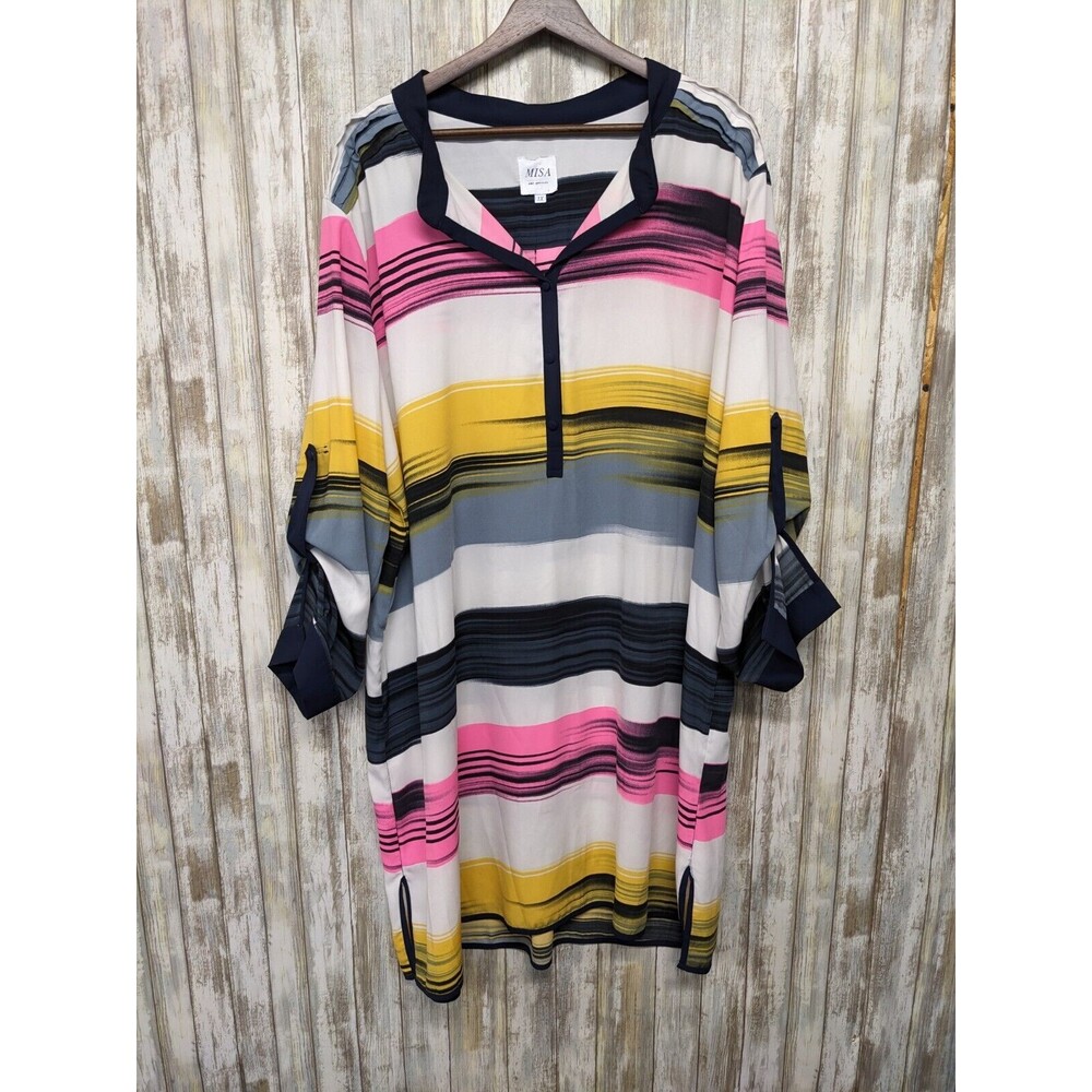 Misa Los Angeles Womens 1X Multicolor Roll Tab Sleeve Rainbow Shirt Dress